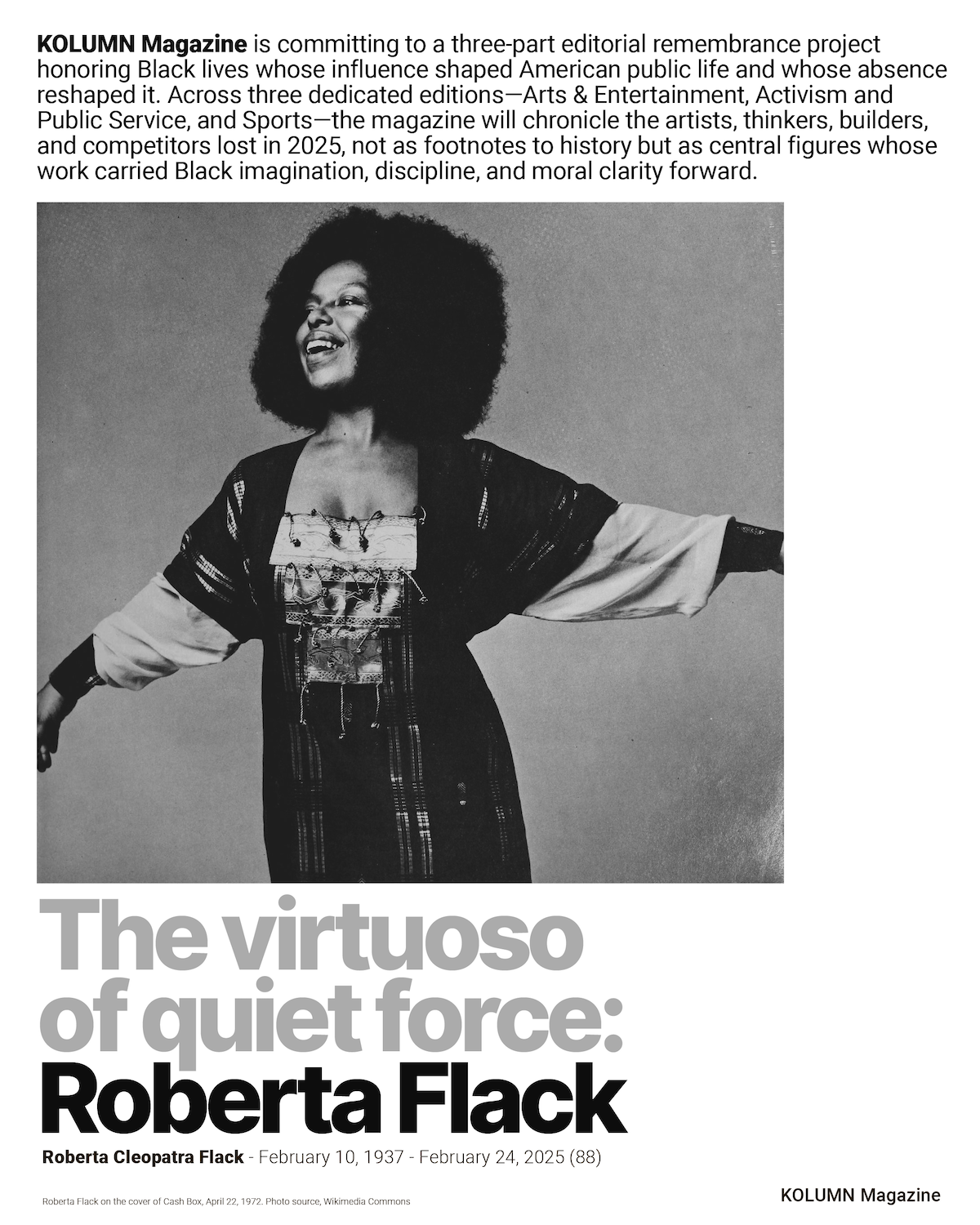 A year that sounded like memory, Roberta Flack, KOLUMN, African American News, Black News, African American Journalism, Black Journalism, African American History, Black History, African American Art, Black Art, African American Music, Black Music, African American Wealth, Black Wealth, African American Education, Black Education, Historic Black University or College, HBCU