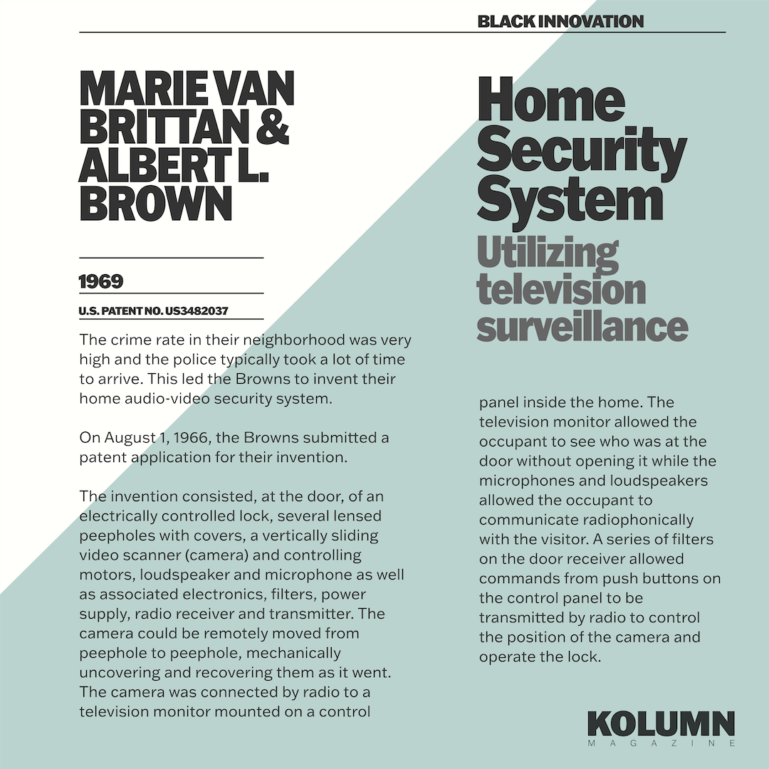 Marie Van Brittan Brown, Albert Brown, Home Security System Utilizing Television Surveillance, Black Innovators, Black Inventors, American Politics, Black Politics, KOLUMN Magazine, KOLUMN, African American News, Black News, African American Journalism, Black Journalism, African American History, Black History, African American Art, Black Art, African American Music, Black Music, African American Wealth, Black Wealth, African American Education, Black Education, Historic Black University or College, HBCU