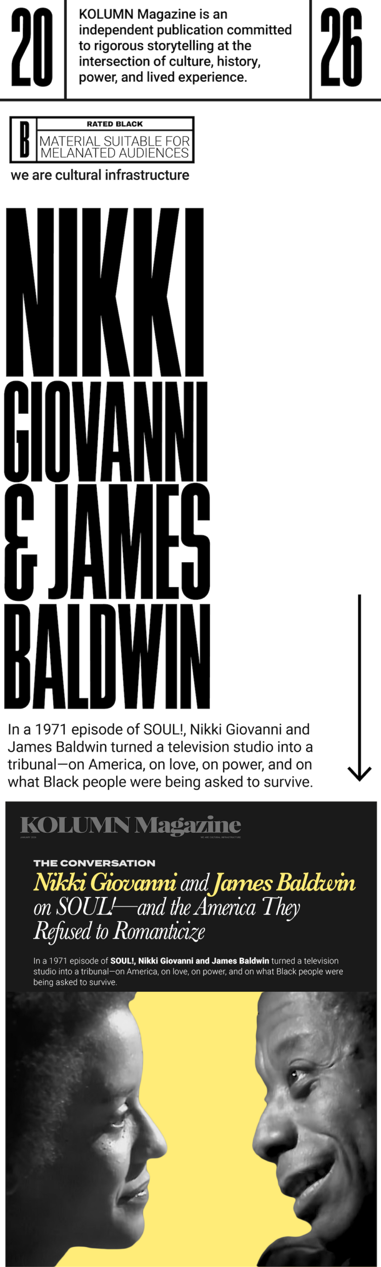 Nikki Giovanni, James Baldwin, SOUL!, KOLUMN, African American News, Black News, African American Journalism, Black Journalism, African American History, Black History, African American Art, Black Art, African American Music, Black Music, African American Wealth, Black Wealth, African American Education, Black Education, Historic Black University or College, HBCU