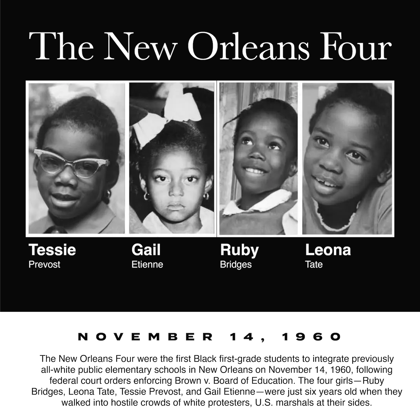 Dorothy Prevost, Tessie Prevost, Ruby Bridges, Gail Etienne, Leona Tate, The New Orleans Four, KOLUMN, African American News, Black News, African American Journalism, Black Journalism, African American History, Black History, African American Art, Black Art, African American Music, Black Music, African American Wealth, Black Wealth, African American Education, Black Education, Historic Black University or College, HBCU